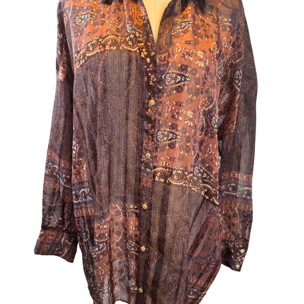 2/$30 ZARA M Bohemian Brown Rust Blue Print Dolman Sleeve Button-Down Blouse